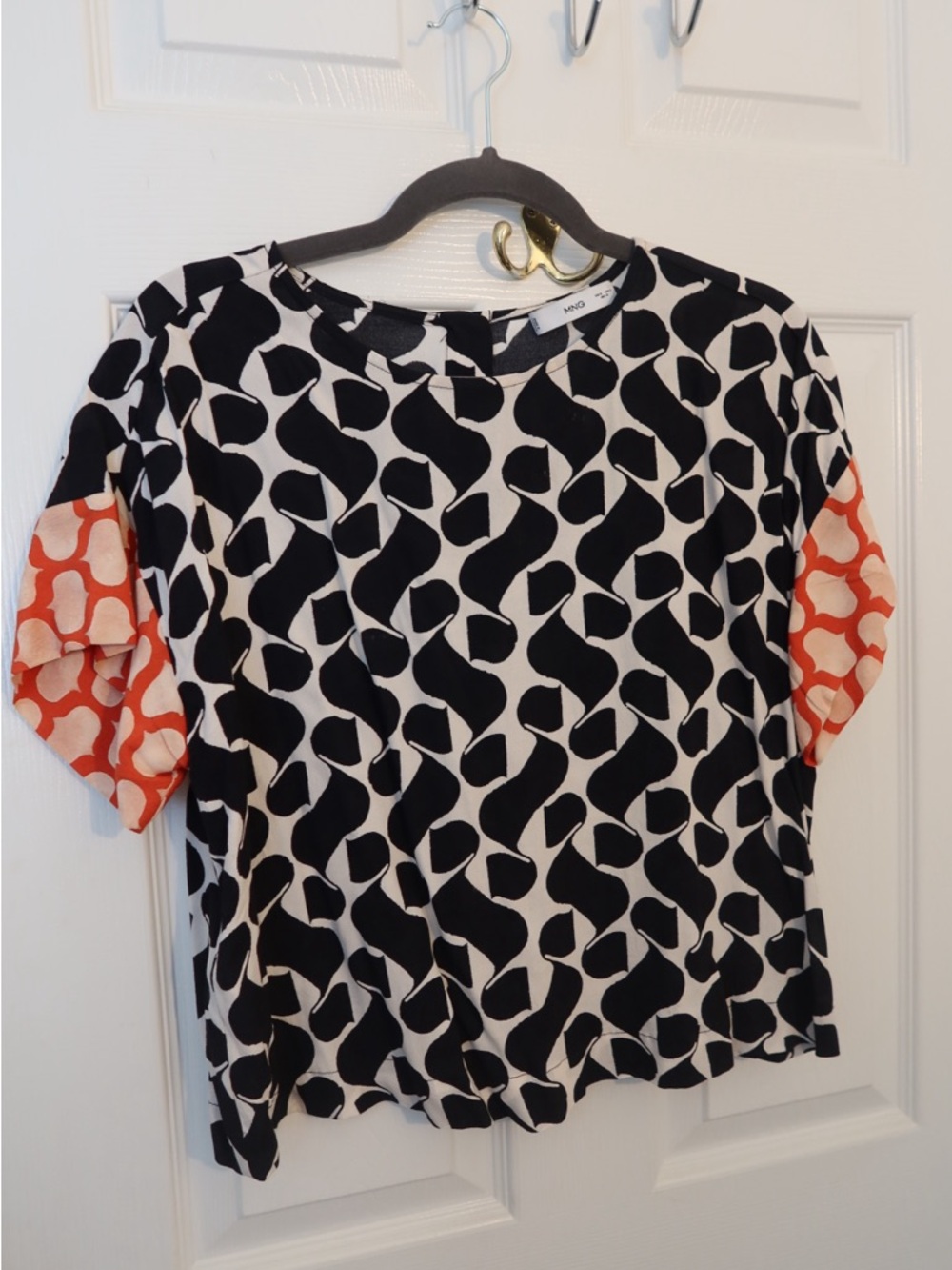 Mango Black & White Geometric Print Short Sleeve Top with Coral Sleeves